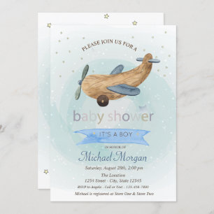 Aeroplane Toy,Stars Presents Blue Baby Shower  Invitation