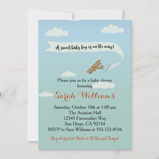 Aeroplane Transportation Baby Shower Invitaiton Invitation (Front)