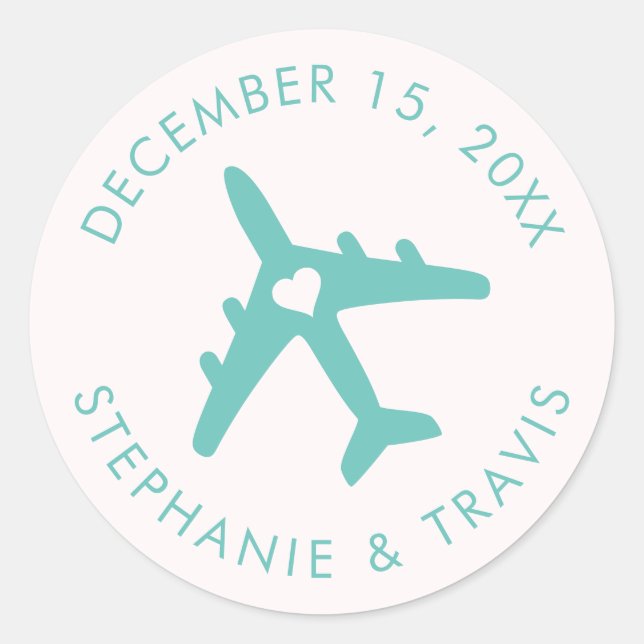 Aeroplane Travel Destination Wedding Save the Date Classic Round Sticker (Front)
