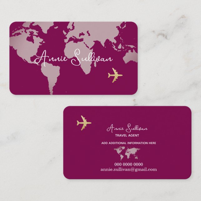 Aeroplane Travel World Map on Wine Colour Business Card (Front/Back)