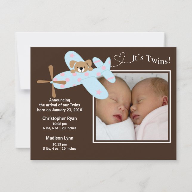 Aeroplane Twins Girl & Boy Birth Annoucement Announcement (Front)