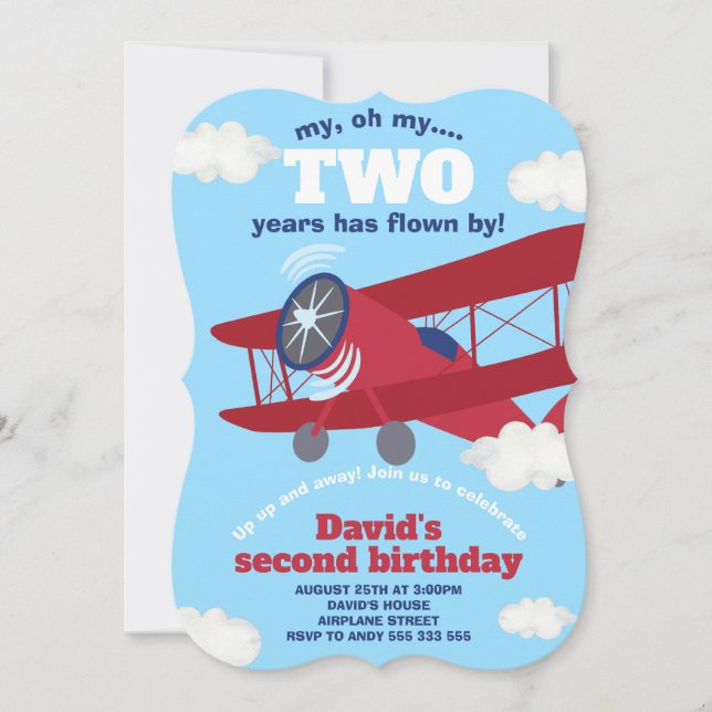 Aeroplane TWO Years Flown Boy 2nd Birthday Invitation (Front)