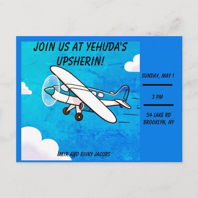 Aeroplane upsherin invitation postcard (Front)