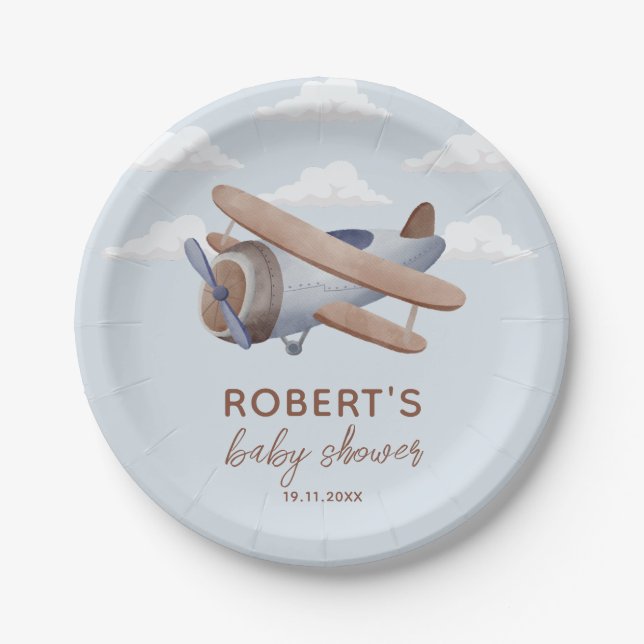Aeroplane Vintage Travel Baby shower Paper Plate (Front)