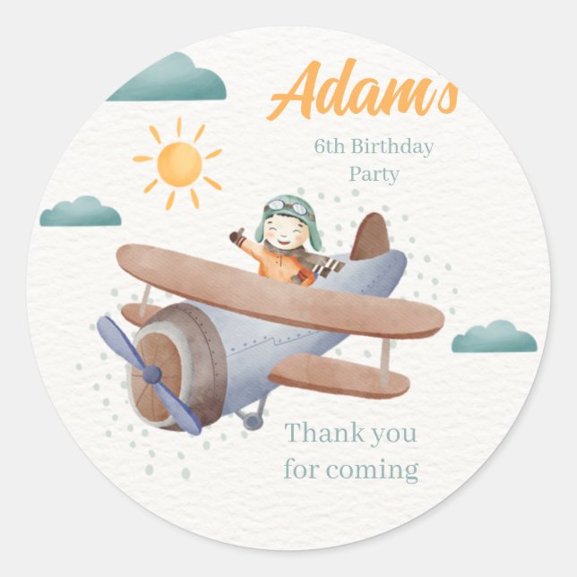 Aeroplane Watercolor 6th birthday round Sticker (Front)