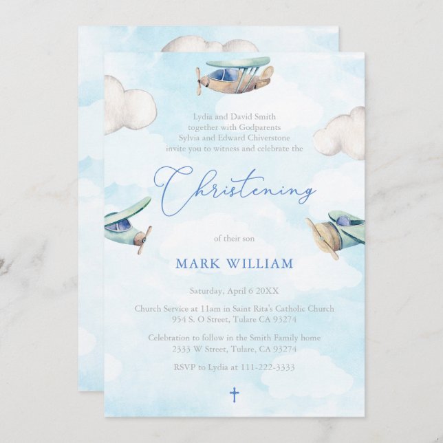 Aeroplane Whimsical Watercolor Christening Party Invitation (Front/Back)