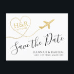 Aeroplane with Heart Destination Wedding Save Date Announcement Postcard<br><div class="desc">Destination wedding save the date postcards with a cute gold aeroplane heart trail, monogram, and minimal modern typography. Click “Customise further” for advanced design editing such as changing text colour, font, and layout. Great for tropical, beach, island, city, mountain and adventure destination wedding locations your guests are travelling to. Check...</div>