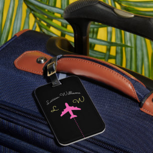aeroplane with name & initials pink travel luggage tag