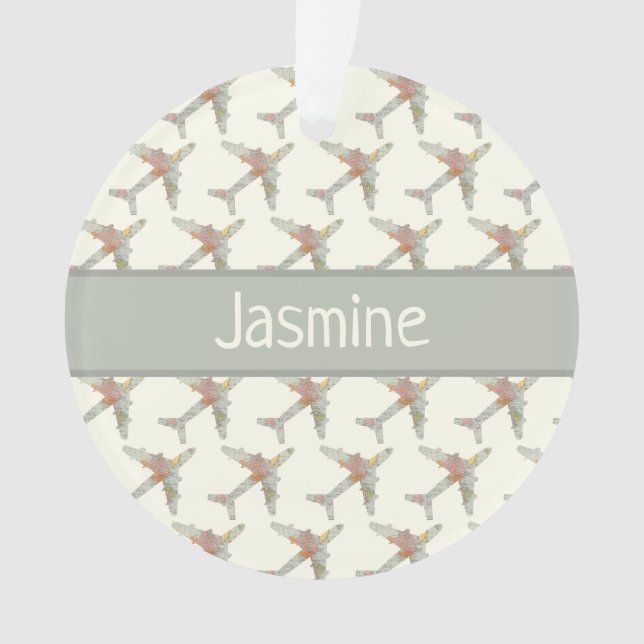 Aeroplane world map custom name ornament (Front)