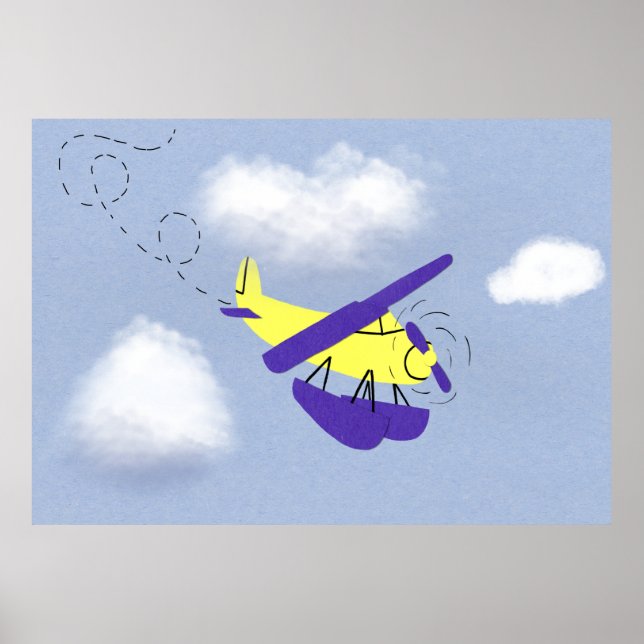 Aeroplane Yellow and Blue Cartoon Art Poster (Front)
