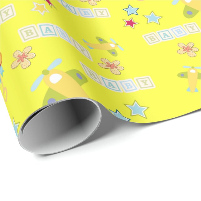 Aeroplane Yellow Baby Floral Wrapping Paper  (Roll Corner)