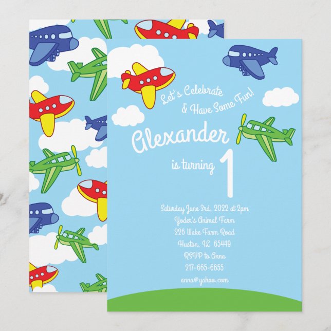 Aeroplanes 1st Birthday Cute Boy Invitations (Front/Back)