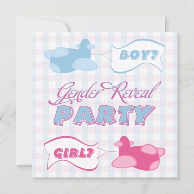 Aeroplanes and Banners Gingham Gender Reveal Party Invitation (Front)