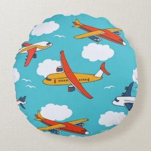 Aeroplanes and clouds, seamless children's backgro round cushion