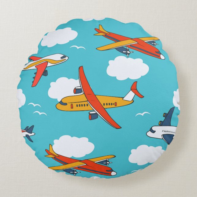Aeroplanes and clouds, seamless children's backgro round cushion (Front)