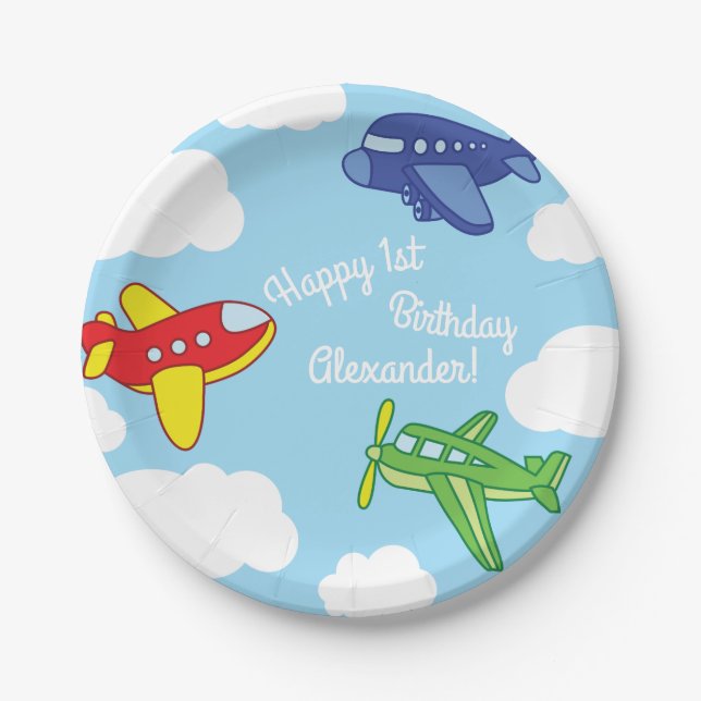 Aeroplanes and Jets Cute 1st Birthday Party Paper Plate (Front)