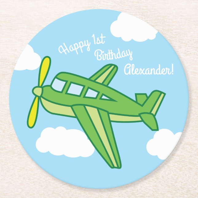 Aeroplanes and Jets Cute 1st Birthday Party Round Paper Coaster (Front)