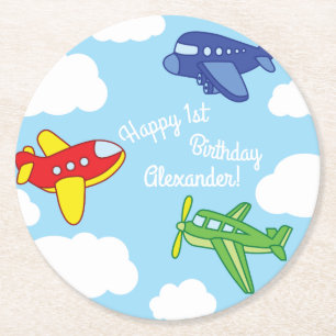 Aeroplanes and Jets Cute 1st Birthday Party Round Paper Coaster