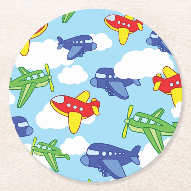 Aeroplanes and Jets Cute 1st Birthday Party Round Paper Coaster (Front)