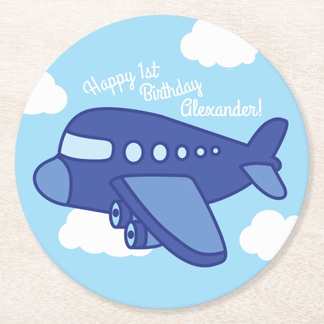 Aeroplanes and Jets Cute Kid's Birthday Party Round Paper Coaster (Front)
