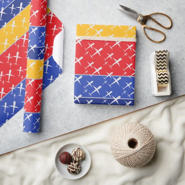 Aeroplanes Fly in Formation Red Blue and Yellow  Wrapping Paper (Crafts)