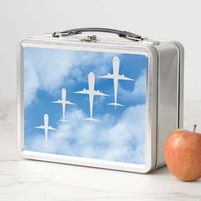 Aeroplanes Flying Amongst White Clouds, Blue Sky Metal Lunch Box (In Situ)