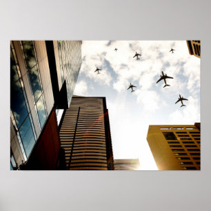 Aeroplanes flying over buildings poster