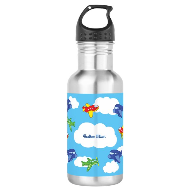Aeroplanes Jets Cute Kids Water Bottle with Name (Front)