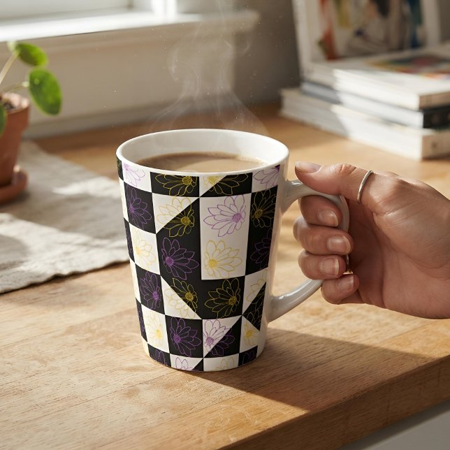 Aesthetic B&W Chequerboard Daisy Purple Yellow Latte Mug (Creator Uploaded)
