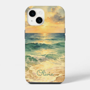 Aesthetic Beach Sunset Watercolor Custom Name iPhone 14 Case