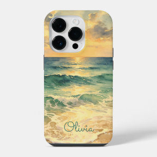 Aesthetic Beach Sunset Watercolor Custom Name iPhone 14 Pro Case