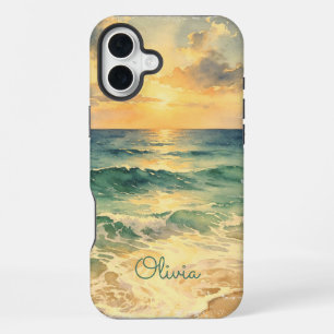 Aesthetic Beach Sunset Watercolor Custom Name iPhone 16 Plus Case