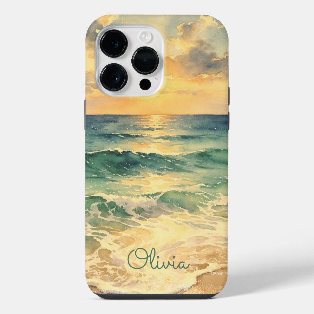 Aesthetic Beach Sunset Watercolor Custom Name iPhone Case (Back)