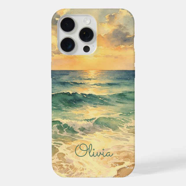 Aesthetic Beach Sunset Watercolor Custom Name iPhone Case (Back)