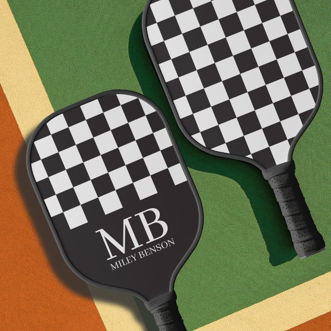 Aesthetic Black & White Chequered Retro Monogram Pickleball Paddle (Checkered black and white personalized pickleball paddle)