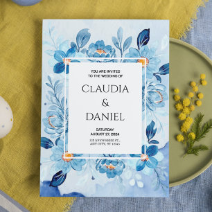 Aesthetic Blue Boho Floral Elegant Wedding  Invitation