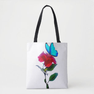 Aesthetic Blue Butterfly on Red Flower Tote Bag