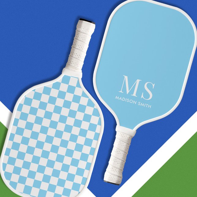 Aesthetic Blue Chequered Monogram Pickleball Paddle (Creator Uploaded)