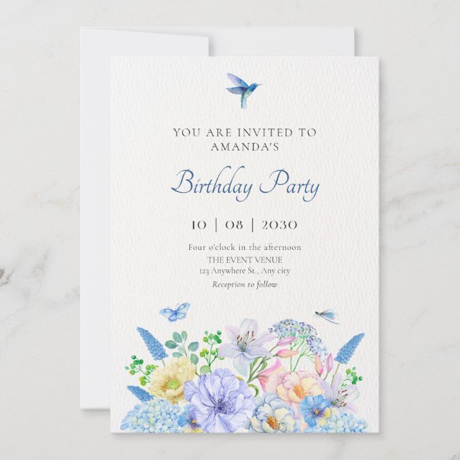 Aesthetic blue floral garden birthday invitation (Front)