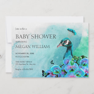 Aesthetic Blue Peacock Bird baby shower Invitation