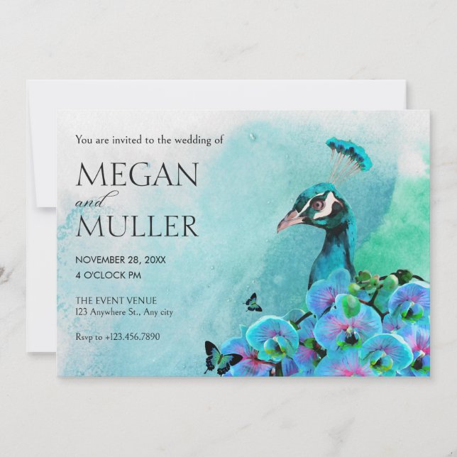 Aesthetic Blue Peacock Bird wedding Invitation (Front)