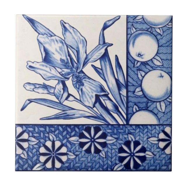 Aesthetic Blue White Botanical Antique Repro Tile (Front)