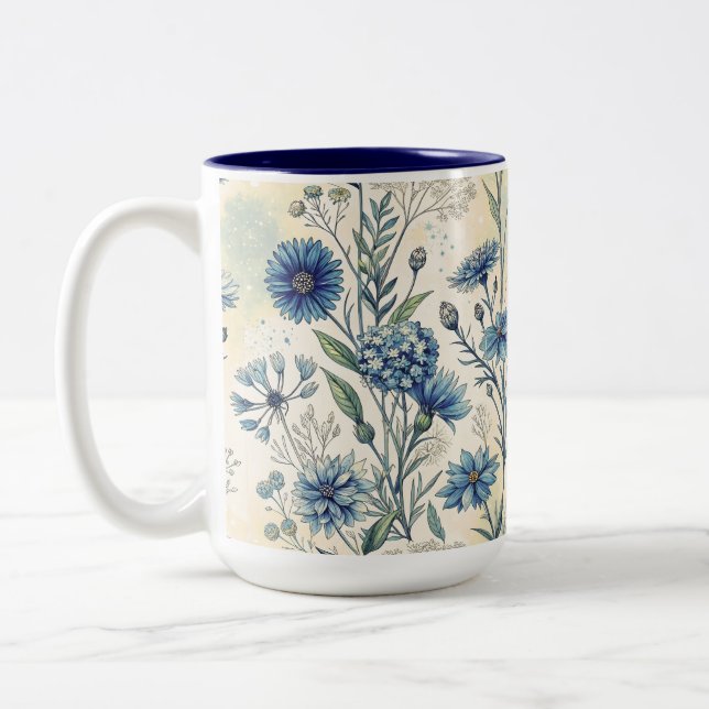 Aesthetic Blue Wildflowers Two-Tone Coffee Mug (Left)