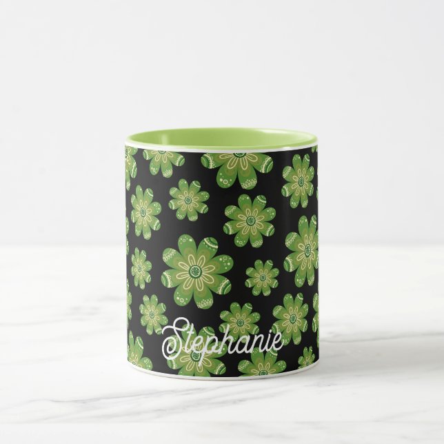 Aesthetic Bohemian Flower Geometric Name Black Mug (Center)