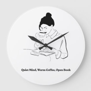 Aesthetic Book and Coffee Line Art T-Shirt Large Clock