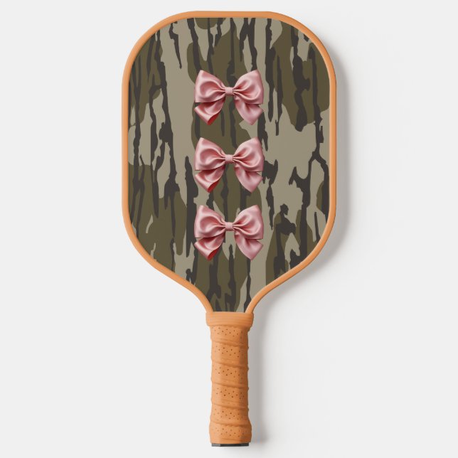 Aesthetic Bottomland Camo Baby Pink Ribbons & Bows Pickleball Paddle (Front)