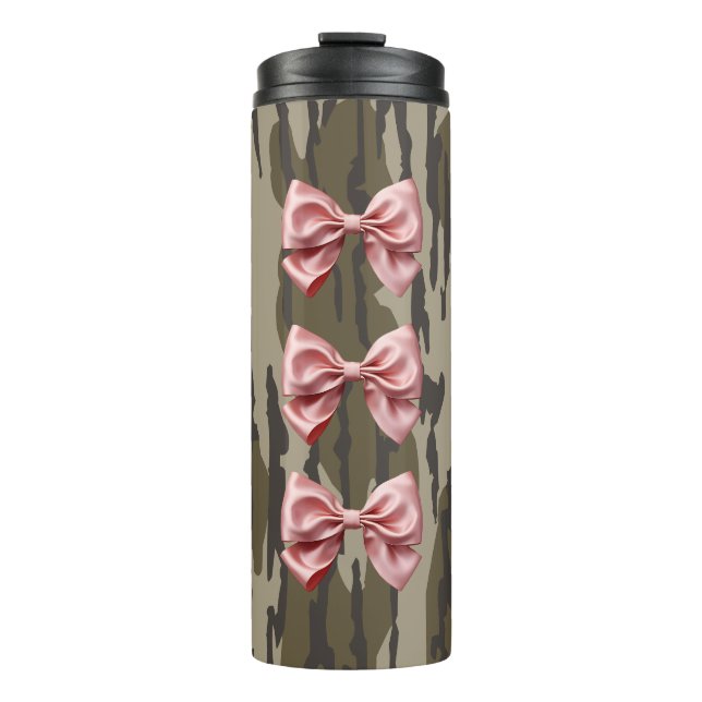 Aesthetic Bottomland Camo Baby Pink Ribbons & Bows Thermal Tumbler (Front)