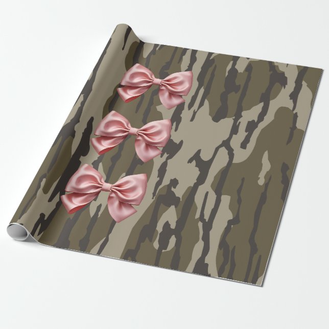 Aesthetic Bottomland Camo Baby Pink Ribbons & Bows Wrapping Paper (Unrolled)