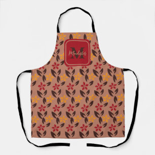 Aesthetic Brown Red Chic Monogram Floral Pattern Apron