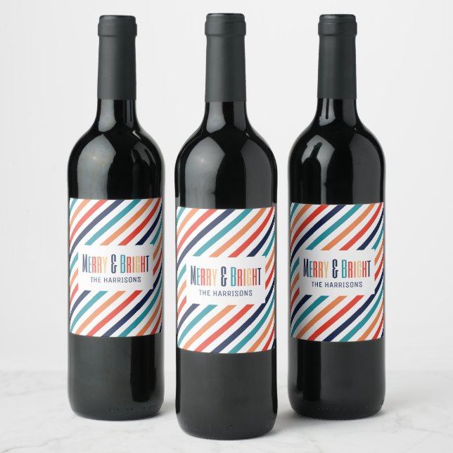 Aesthetic Christmas Retro Stripes Colourful Lines  Wine Label (Bottles)